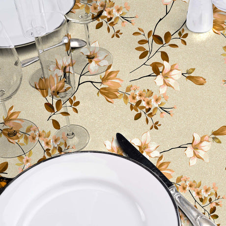 Clematite Ocre – Wachstuch Tischdecke mit Blumenmuster und meliertem Grund, Details