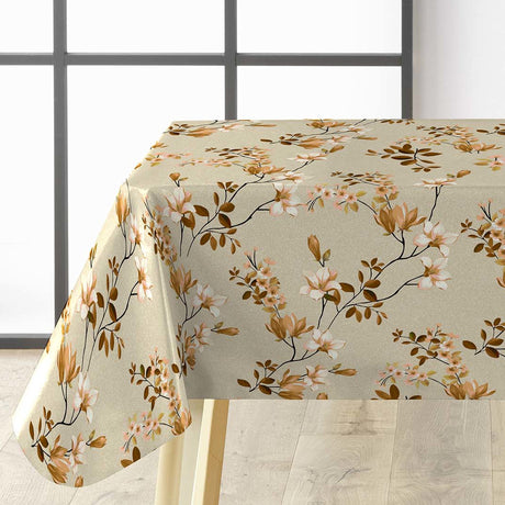 Clematite Ocre – Wachstuch Tischdecke mit Blumenmuster und meliertem Grund, Ecke