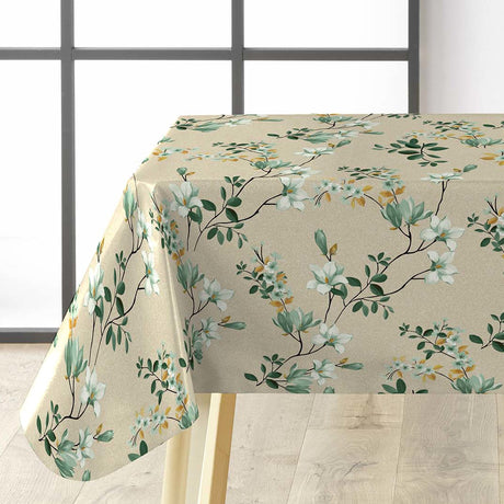 Clematite Vert – florale Wachstuch Tischdecke mit meliertem Grund in warmen Tönen, Ecke