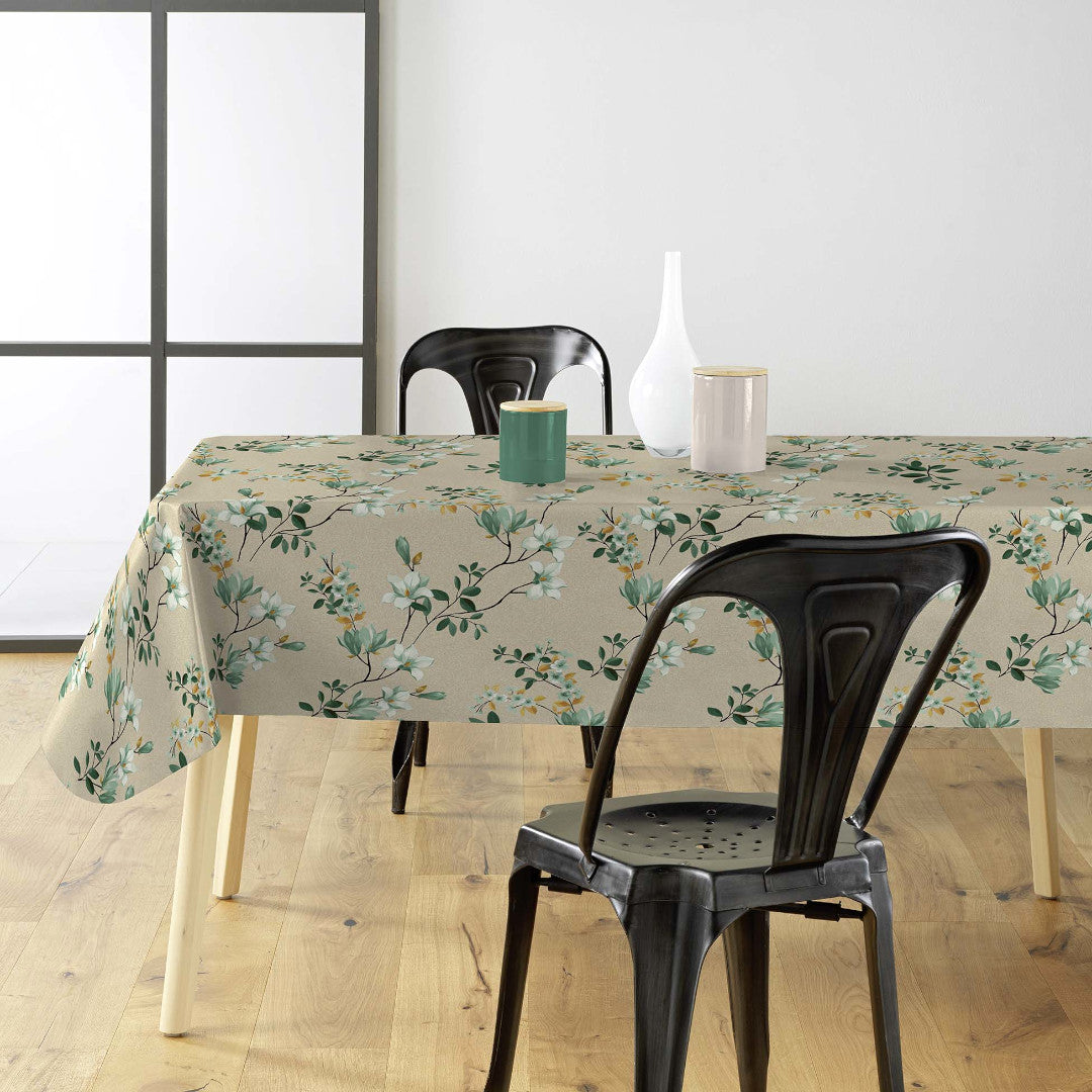 Clematite Vert – florale Wachstuch Tischdecke mit meliertem Grund in warmen Tönen, Ambiente