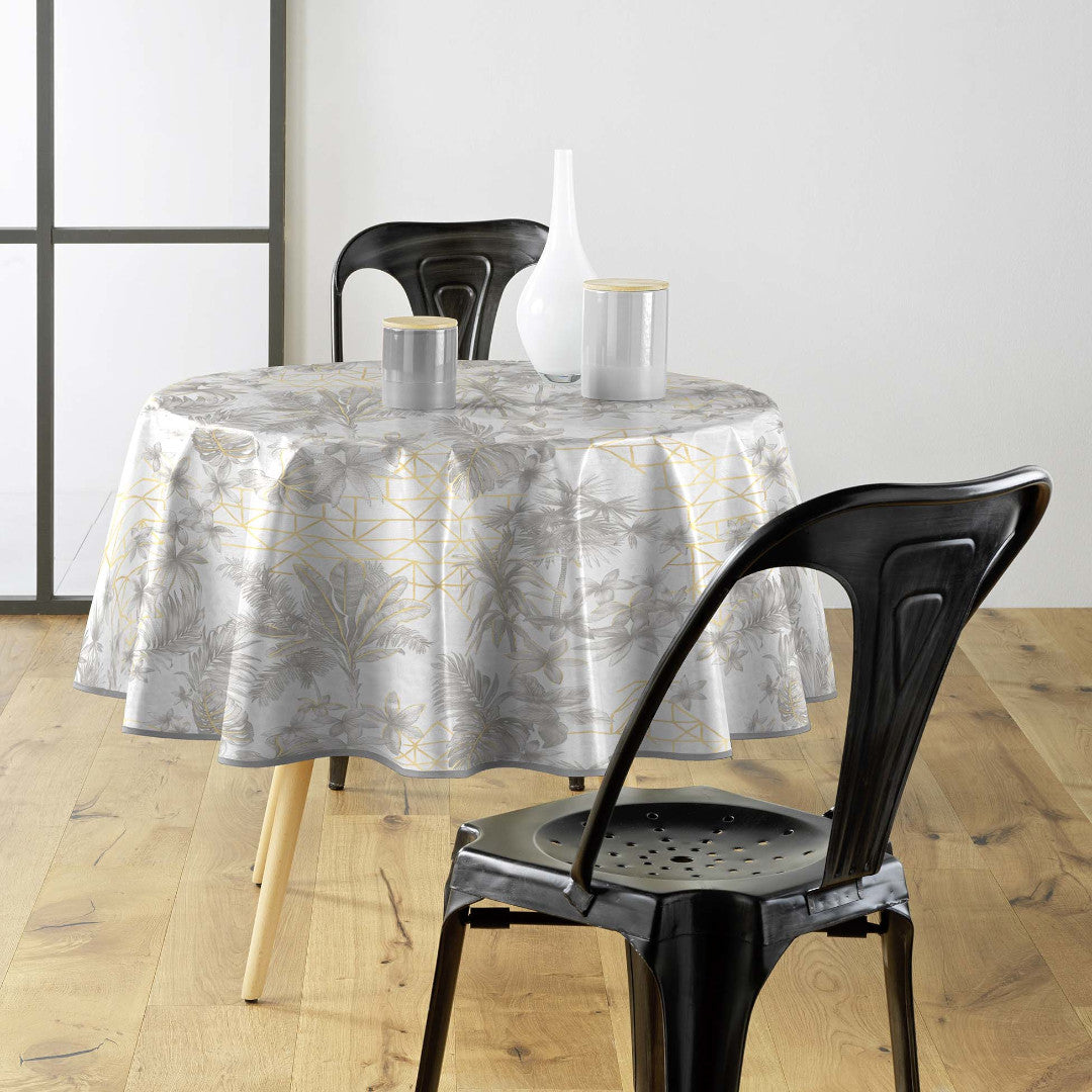 Coconut Metallic - Runde Wachstuch-Tischdecke in Grau mit Golddetails, Ø 155 cm, Ambiente