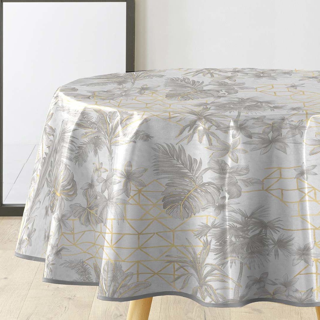 Coconut Metallic - Runde Wachstuch-Tischdecke in Grau mit Golddetails, Ø 155 cm
