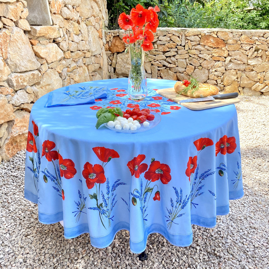 Coquelicot Blau – Runde acrylbeschichtete Provence-Tischdecke Ø 180 cm