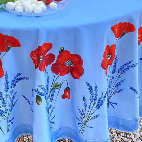 Coquelicot Blau - Runde Provence-Tischdecke Ø 180 cm, Nahaufnahme