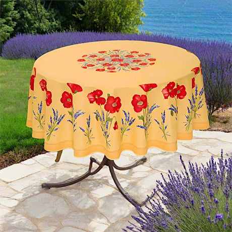 Coquelicot Lavande Gelb - Runde acrylbeschichtete Provence-Tischdecke Ø 180 cm