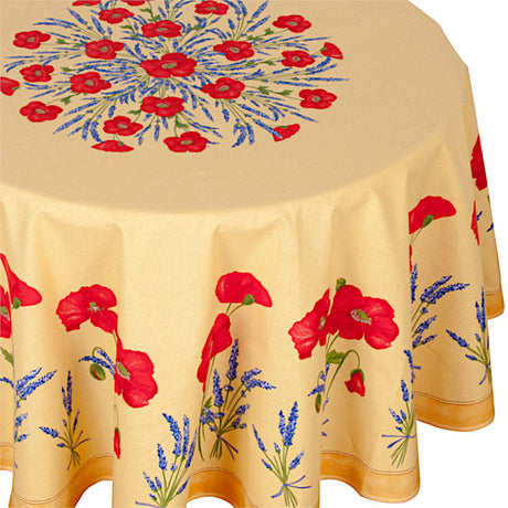 Coquelicot Lavande Gelb - Runde acrylbeschichtete Provence-Tischdecke Ø 180 cm, Nahaufnahme