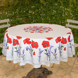 Coquelicot Lavanda Rohweiß - Runde acrylbeschichtete Provence-Tischdecke Ø 180 cm, Ambienteaufnahme