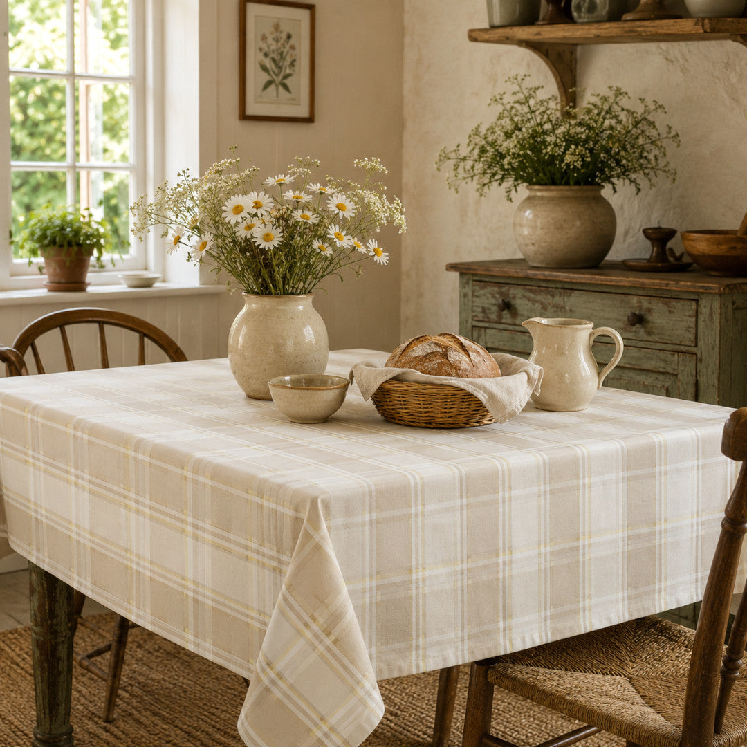 Country Check Sand – Karierte Wachstuch Tischdecke in Textiloptik, Ambiente