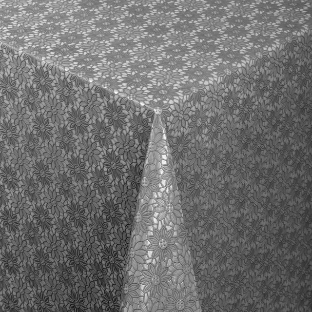 Daisy Lace Antracite – Wachstuch Tischdecke in Spitzenoptik mit dichtem Blumenmuster