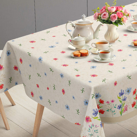 Engblomst Beige – Wachstuch Tischdecke mit Blumenbordüre, Tischende