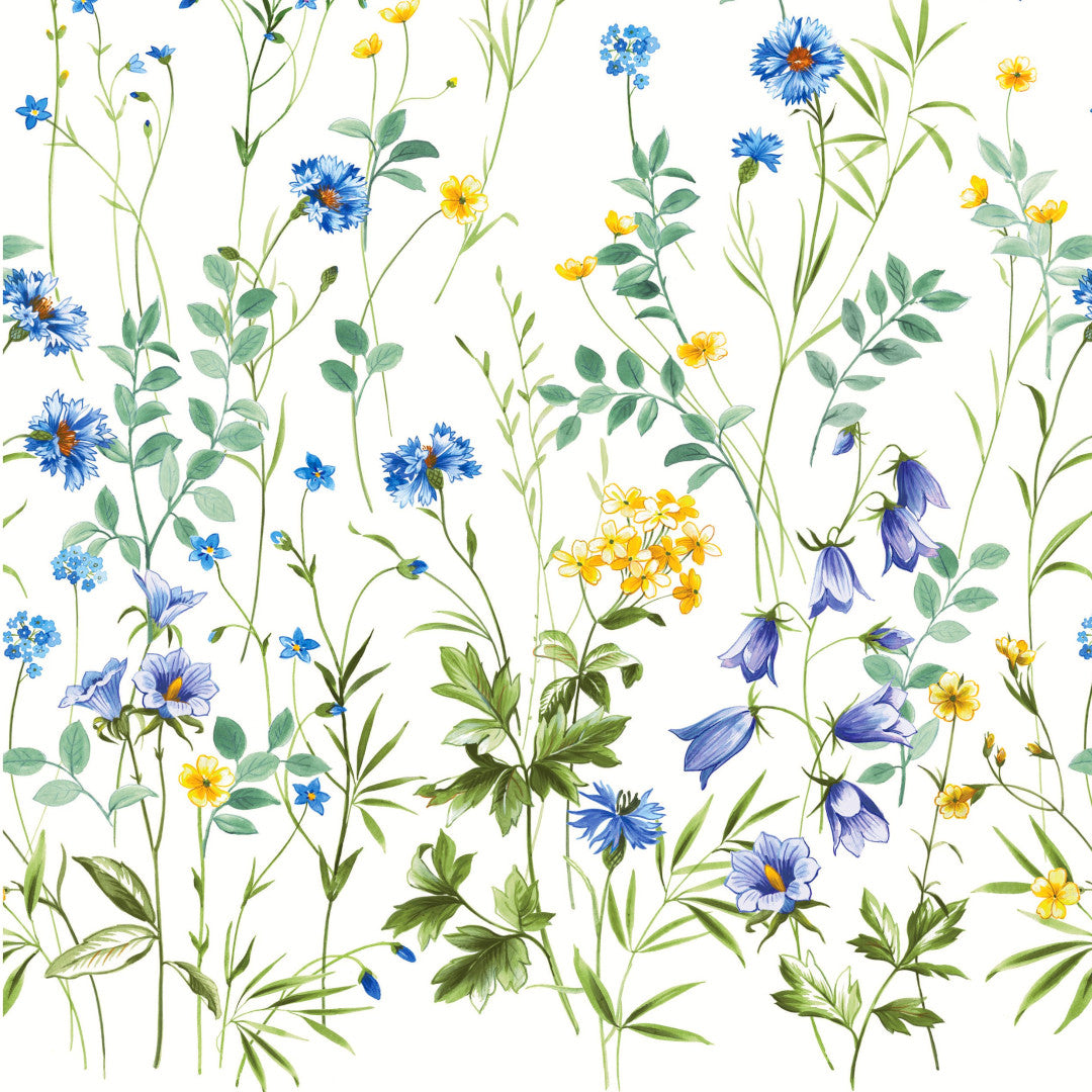 Engblomst Blau – Wachstuch Tischdecke mit feinen Wildblumen