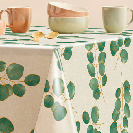 Eucalypta Linen – Wachstuch Tischdecke mit goldenen Blättern, Ecke
