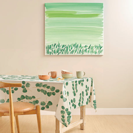 Eucalypta Linen – Wachstuch Tischdecke mit goldenen Blättern, Ambiente