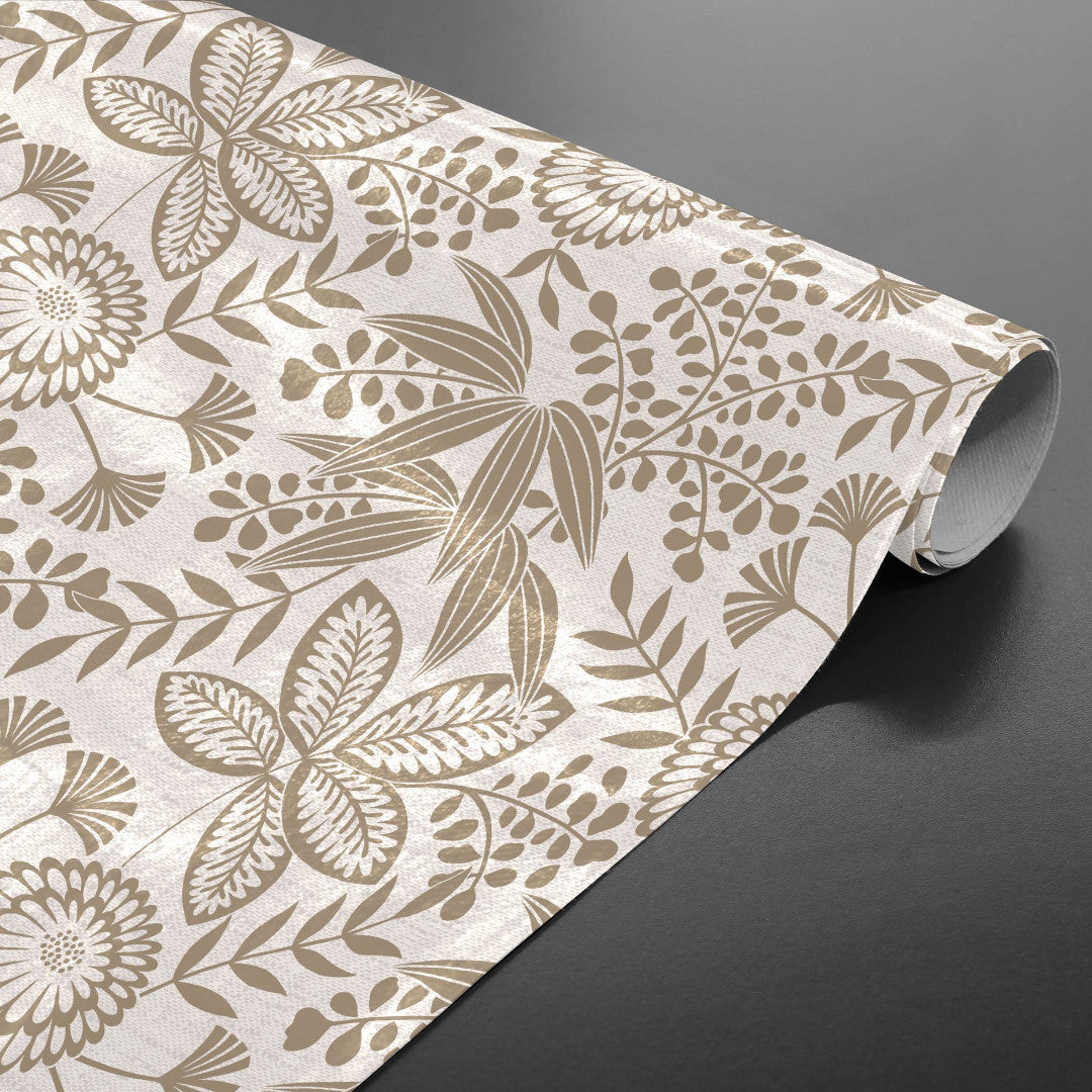 Fleuria Beige – Wachstuch Tischdecke mit botanischem Muster in warmem Beige, aufgerollt