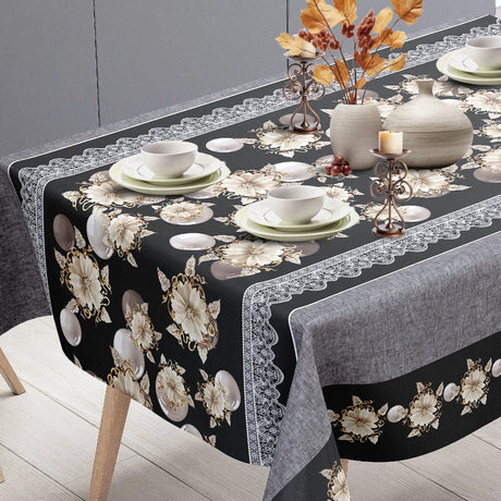 Floria Schwarz – Dekorative Wachstuch Tischdecke mit Blumenbordüre, Ende