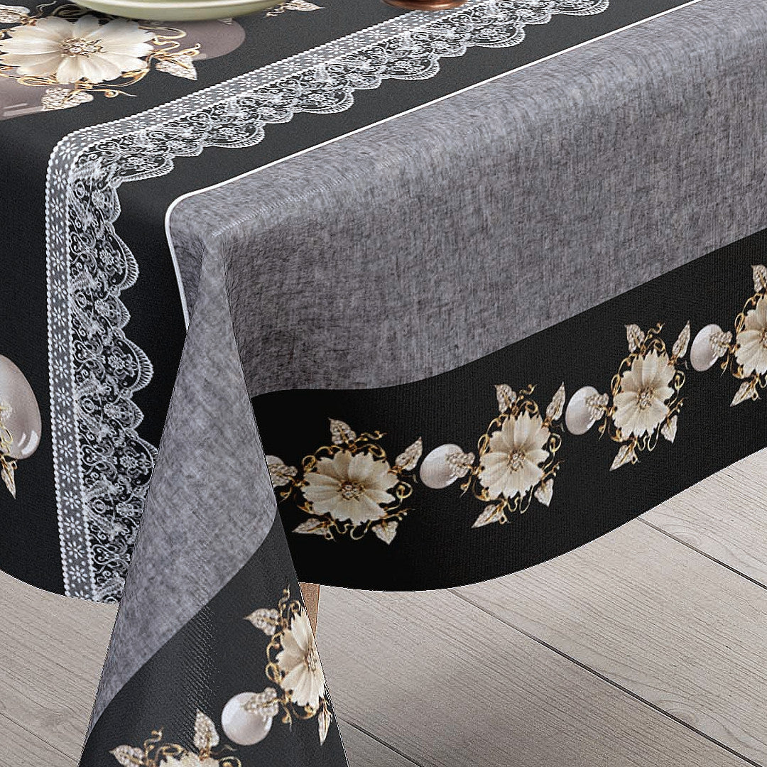 Floria Schwarz – Dekorative Wachstuch Tischdecke mit Blumenbordüre, Ecke
