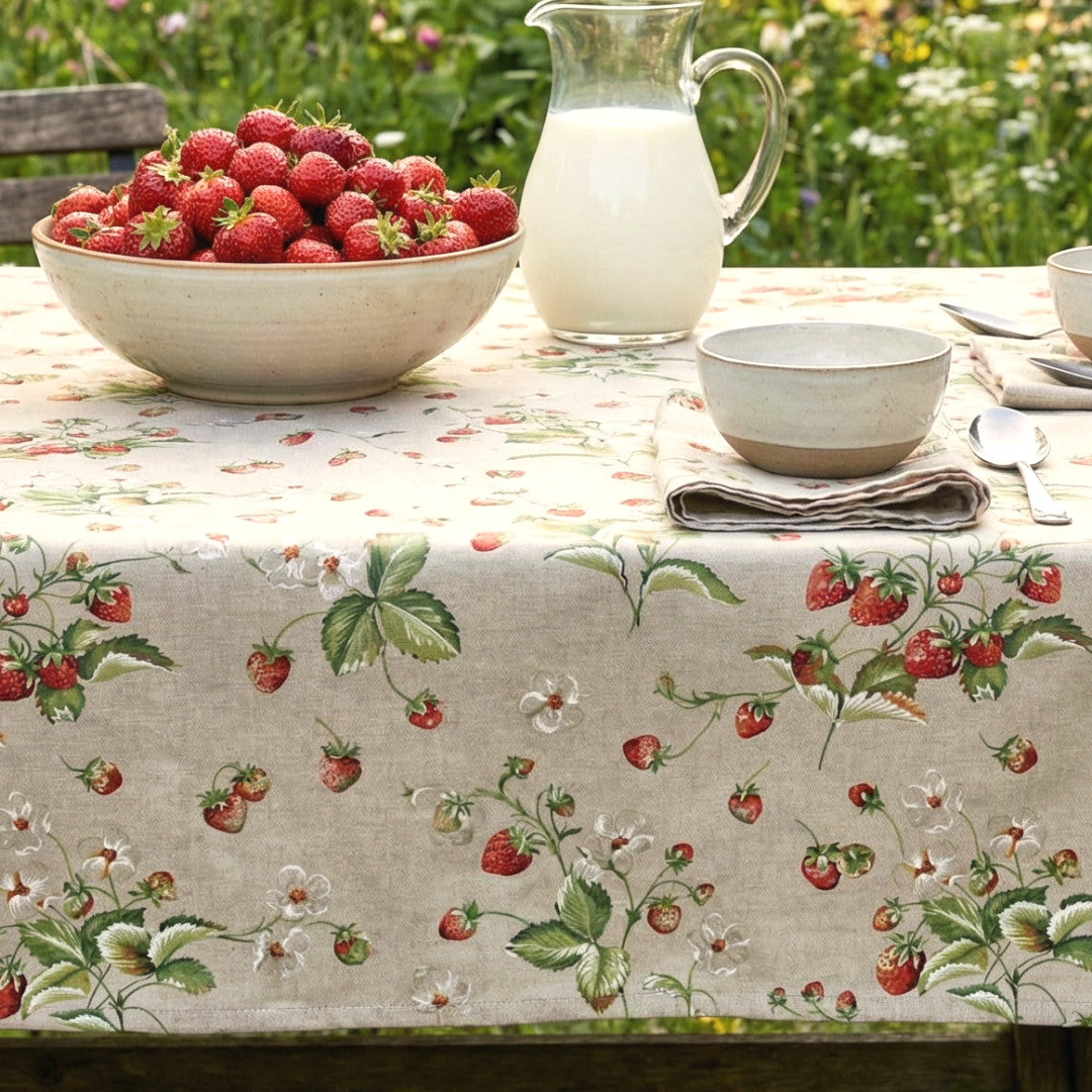 Fragole d’Estate – Abwaschbare Tischdecke in Leinenoptik mit Erdbeeren, Gartenambiente