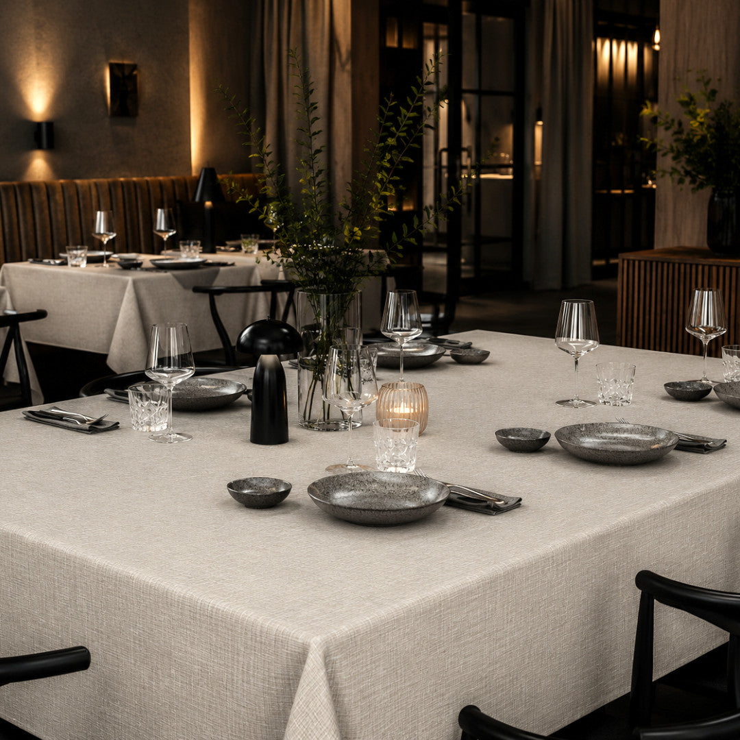 Groblad Beige – Extra breite Wachstuch Tischdecke in Leinenoptik 180 cm, Restaurantambiente