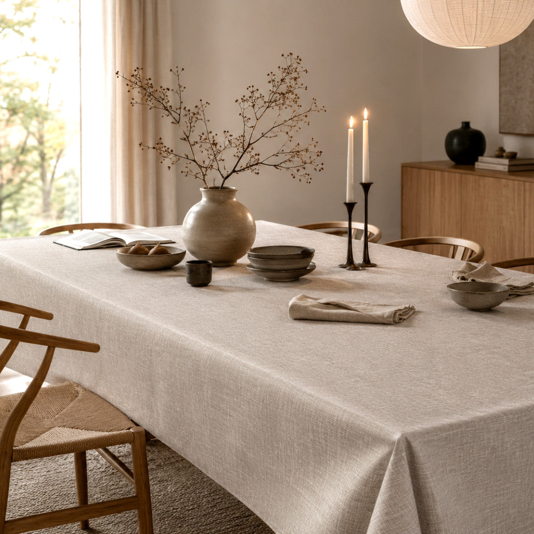Groblad Beige – Extra breite Wachstuch Tischdecke in Leinenoptik 180 cm, Wohnambiente