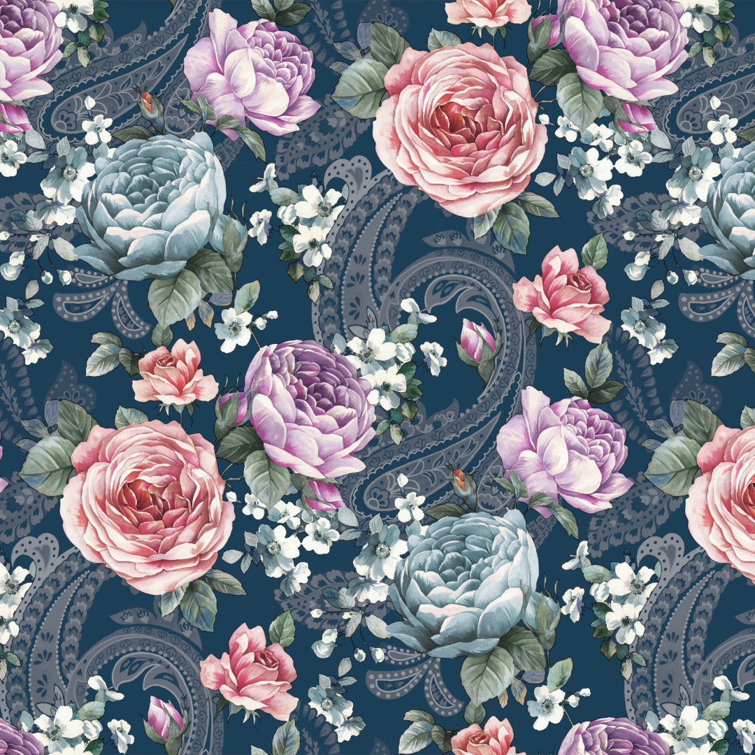 Heritage Rose Blau – Geprägte Wachstuch Tischdecke mit Blumen, Muster