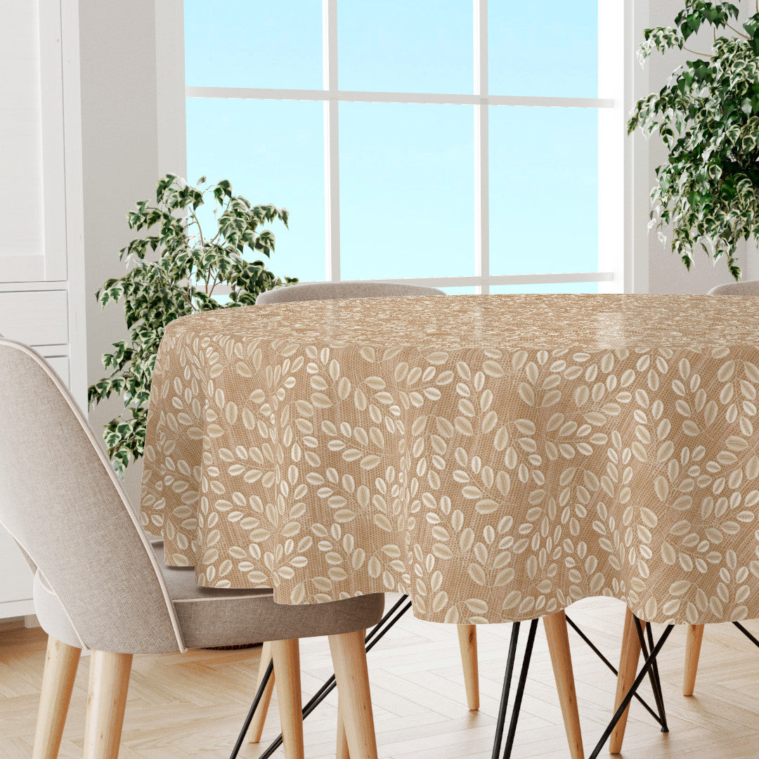 Hessian Leaf Beige – Runde leicht geprägte Wachstuch Tischdecke mit Blattmuster, Ambiente