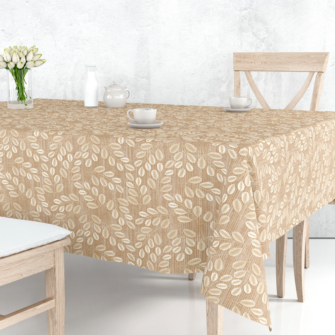 Hessian Leaf Beige – Leicht geprägte Wachstuch Tischdecke mit Blattmuster