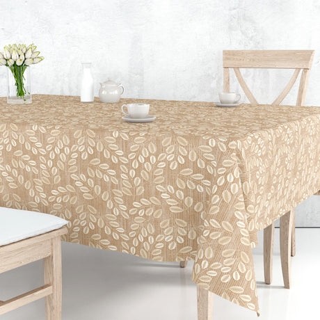 Hessian Leaf Beige – Leicht geprägte Wachstuch Tischdecke mit Blattmuster