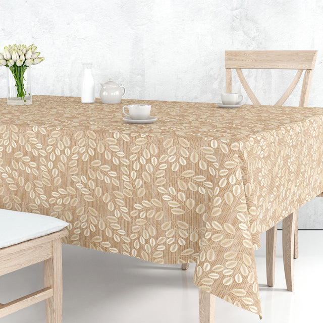 Hessian Leaf Beige – Leicht geprägte Wachstuch Tischdecke mit Blattmuster