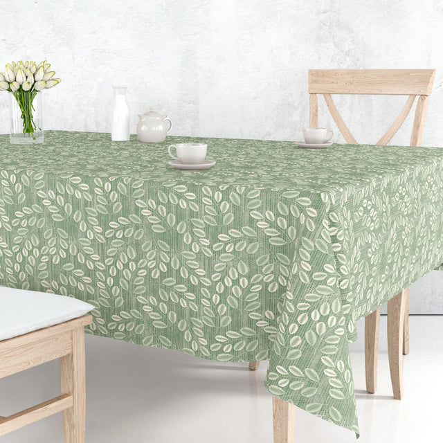 Hessian Leaf Grün – leicht geprägte Wachstuch Tischdecke mit Blattmuster