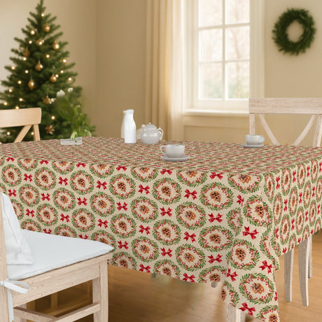 Weihnachtskranz – Abwaschbare Weihnachtstischdecke mit Zapfen, roten Bändern und Leinenoptik, Ambiente
