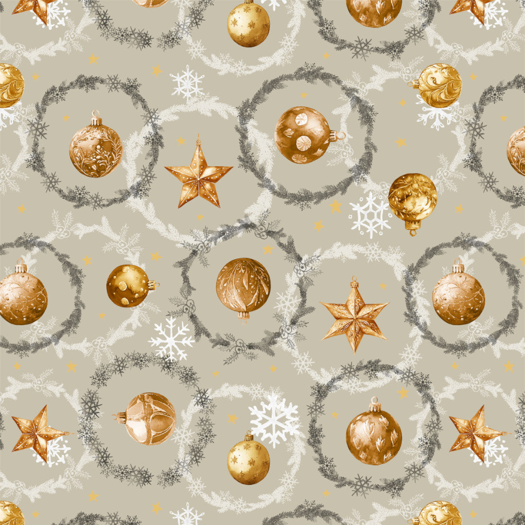 Julekugler & Kranse – beige Wachstuch Tischdecke für Weihnachten, Muster