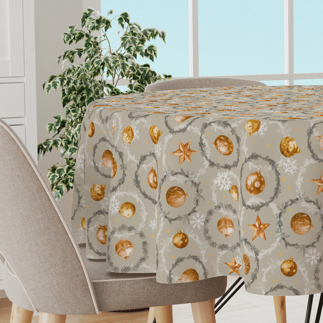 Julekugler & Kranse – runde beige Wachstuch Tischdecke für Weihnachten