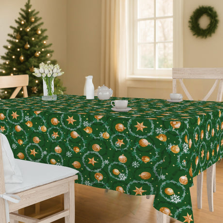 Weihnachtskugeln & Kränze – grüne Wachstuch Tischdecke für Weihnachten, Ambiente