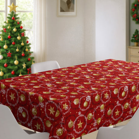 Weihnachtskugeln & Kränze – rote Wachstuch Tischdecke für Weihnachten, weihnachtliches Ambiente
