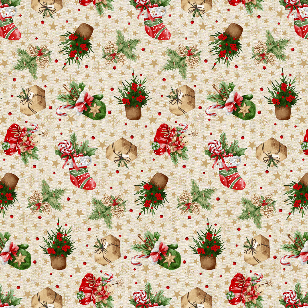 Weihnachtsstrumpf & Geschenkfreude – abwaschbare Weihnachtstischdecke mit klassischen Weihnachtsmotiven, Motive