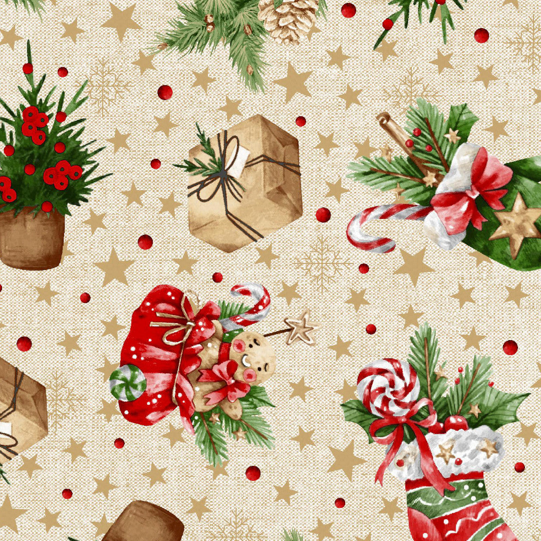 Weihnachtsstrumpf & Geschenkfreude – abwaschbare Weihnachtstischdecke mit klassischen Weihnachtsmotiven, Nahaufnahme