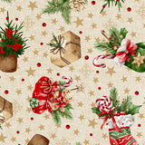 Weihnachtsstrumpf & Geschenkfreude – abwaschbare Weihnachtstischdecke mit klassischen Weihnachtsmotiven, Nahaufnahme