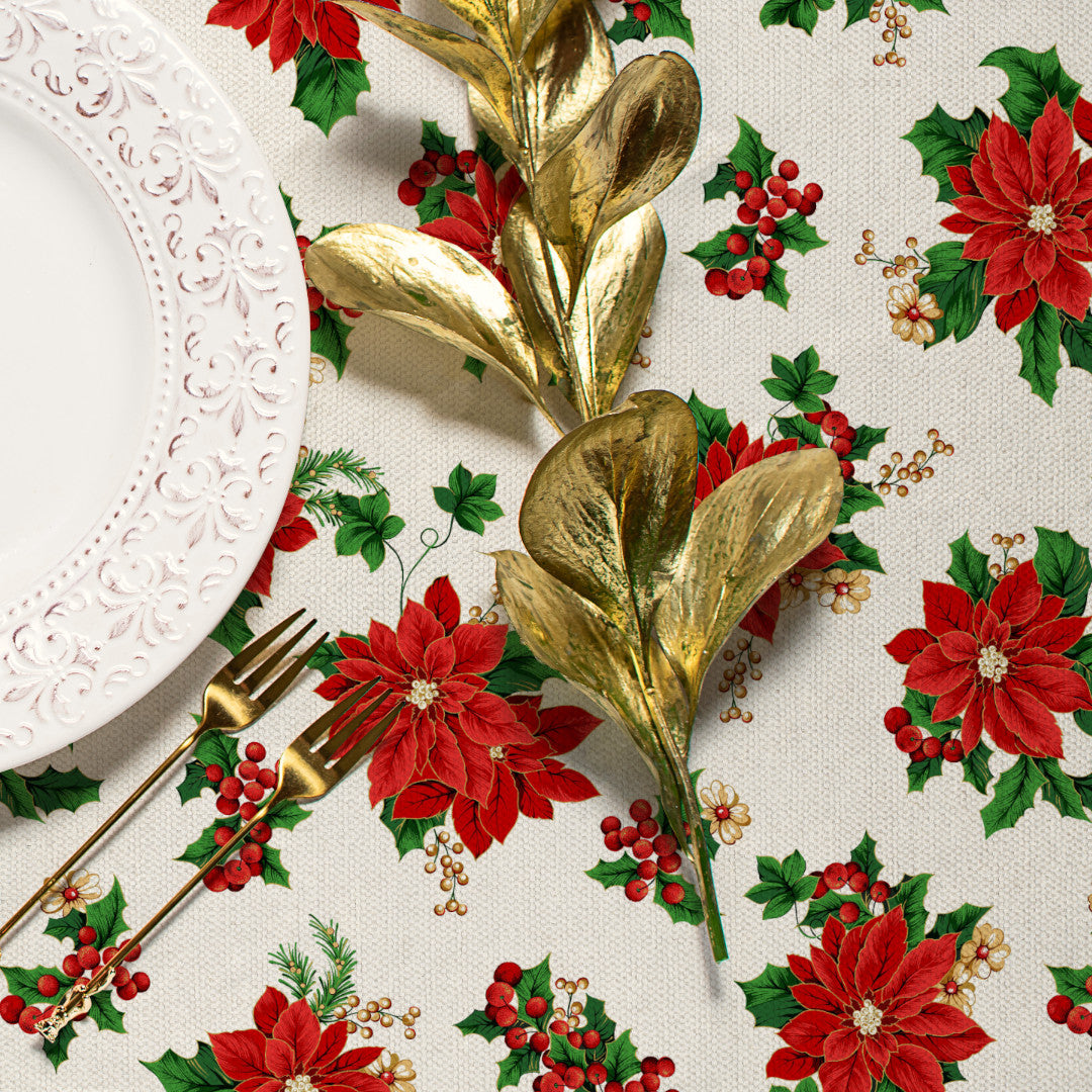 Weihnachtsstern & Efeu – Klassische Weihnachtstischdecke mit Acrylbeschichtung