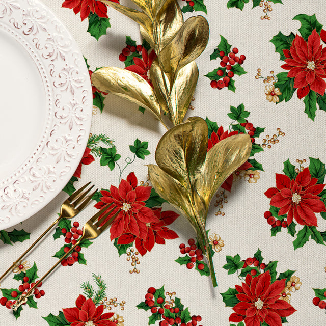Weihnachtsstern & Efeu – Klassische Weihnachtstischdecke mit Acrylbeschichtung