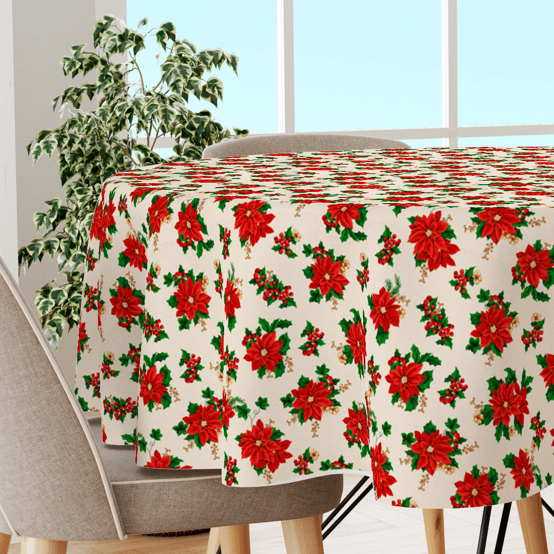 Weihnachtsstern & Efeu – Runde klassische Weihnachtstischdecke mit Acrylbeschichtung