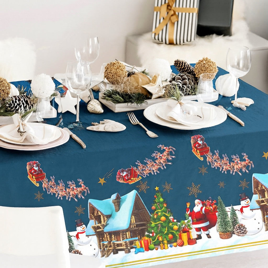 Grignols Blau – Festliche Wachstuch Tischdecke für Weihnachten mit Weihnachtsmännern und Schneemännern