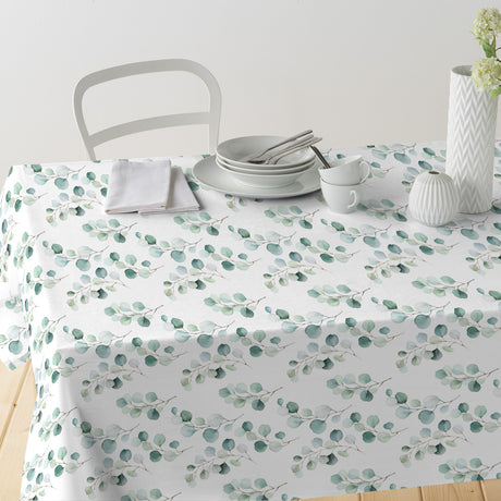 Junos Eucalyptus – Abwaschbare Tischdecke mit Aquarellblättern, Tisch