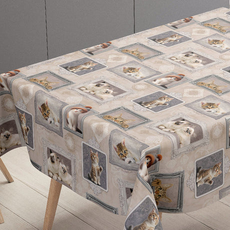 Killingegalleri – beige Wachstuch Tischdecke mit Kätzchen in Rahmen, Tischende