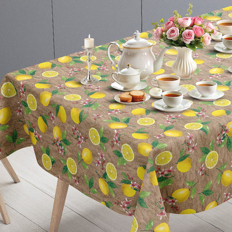 Limonata – Wachstuch Tischdecke in Beige mit Zitronen und Juteoptik, Tischende