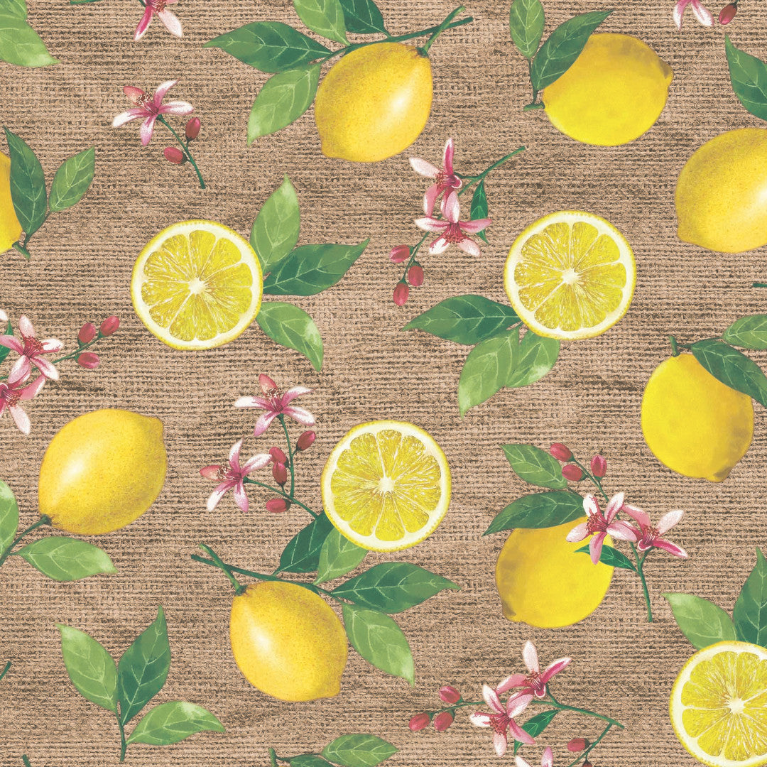 Limonata – Wachstuch Tischdecke in Beige mit Zitronen und Juteoptik, Muster