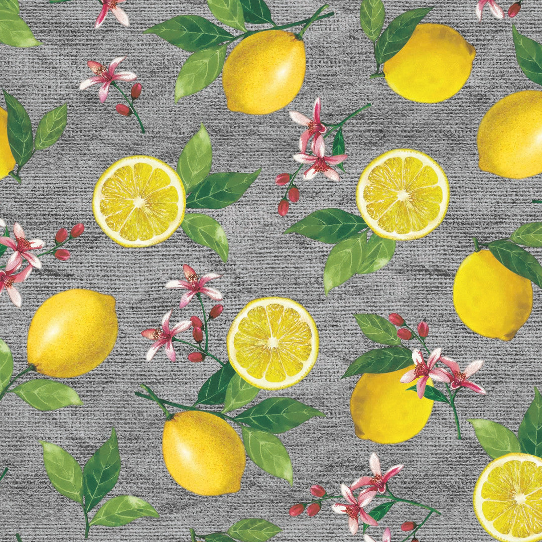 Limonata – Graue Wachstuch Tischdecke mit Zitronen und Juteoptik