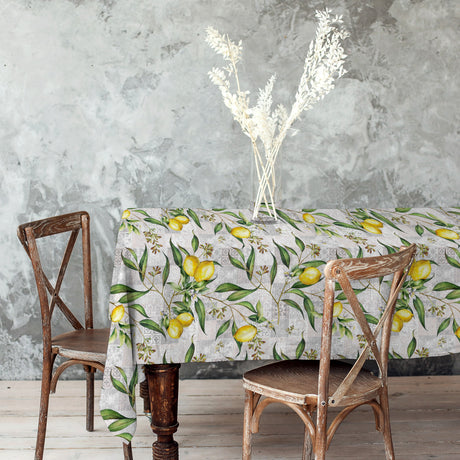 Limonero – Abwaschbare Tischdecke mit Zitronen und Patchworkmuster, Ambienteaufnahme