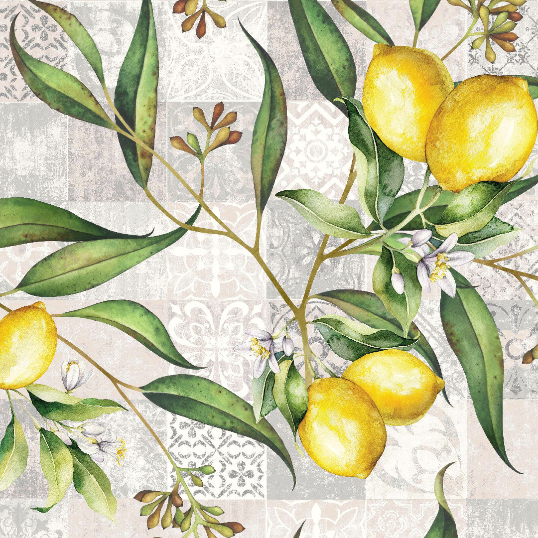 Limonero – Abwaschbare Tischdecke mit Zitronen und Patchworkmuster, Nahaufnahme