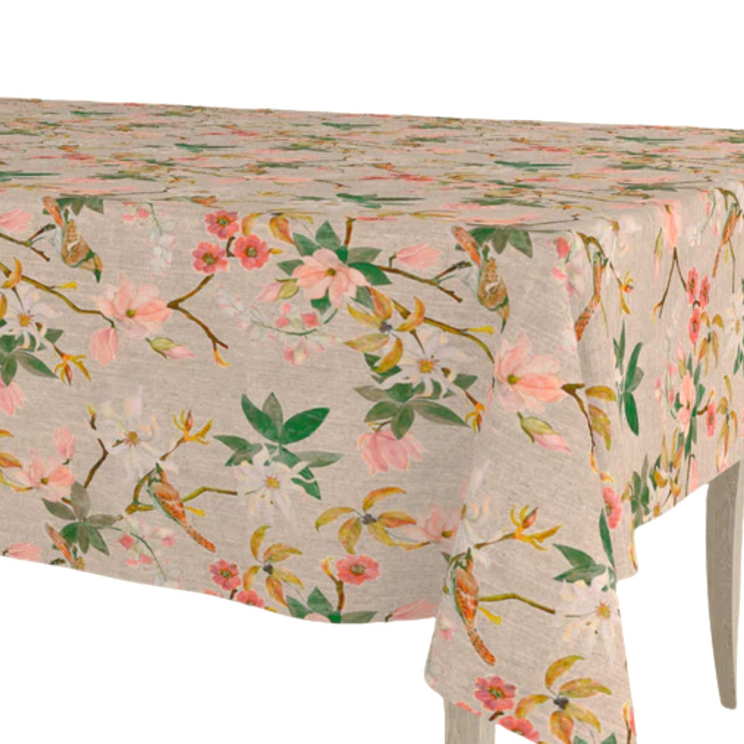 Forårsgren – Abwaschbare Tischdecke in Leinenoptik mit Blumen und Vögeln, Ecke