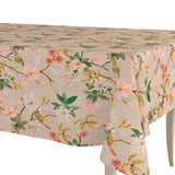 Forårsgren – Abwaschbare Tischdecke in Leinenoptik mit Blumen und Vögeln, Ecke